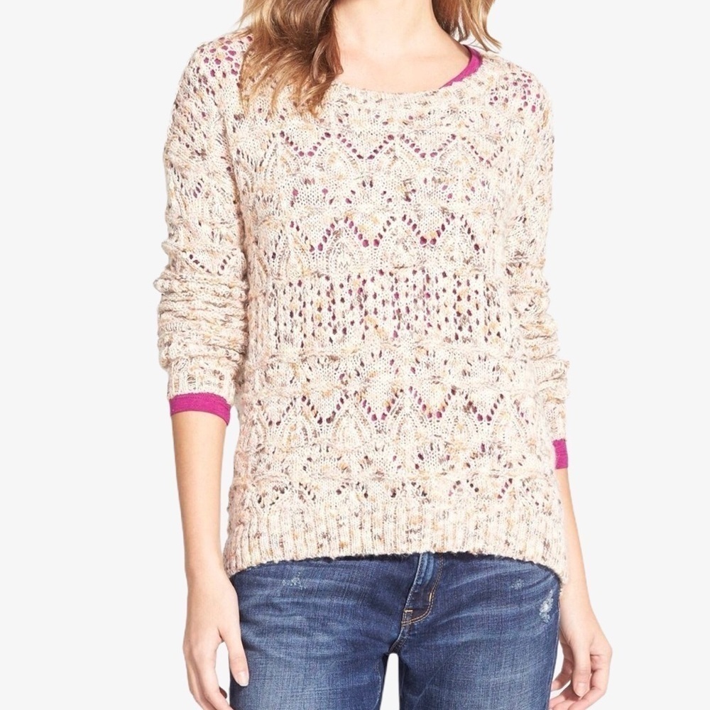 Hinge Open Knit Crewneck Sweater Beige Pink Size XS Long Sleeve - Picture 2 of 6